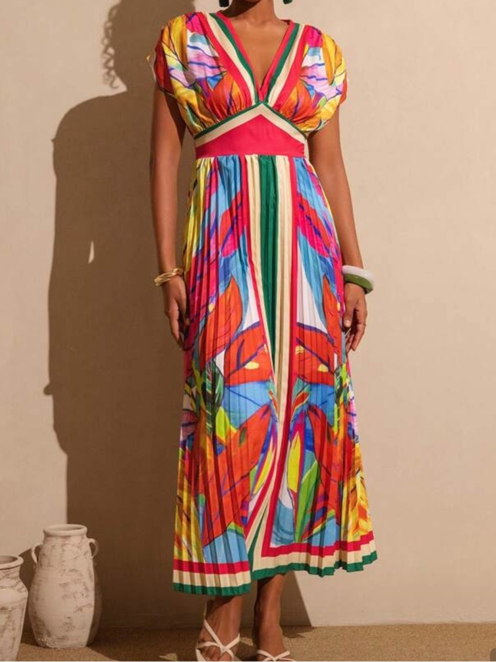 Vibrant Multi-Color V-Neck Pleated Maxi Dress